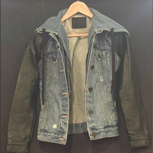 BLANKNYC Denim jacket with hood. Leather sleeves. (Size XS)